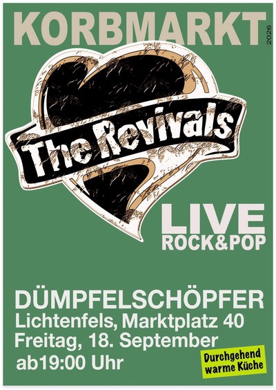 Plakat 'The Revivals' live Freitag, 18. September 2026, Dümpfelschöpfer, Korbmarkt, Lichtenfels, ab 19:00 Uhr