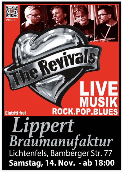 Plakat 'The Revivals' live Samstag, 14. November 2026, Braumanufaktur Lippert, Lichtenfels, ab 18:00 Uhr