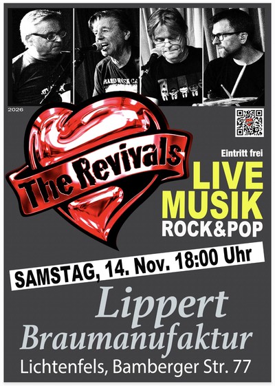 Plakat 'The Revivals' live Samstag, 14. November 2026, Braumanufaktur Lippert, Lichtenfels, ab 18:00 Uhr