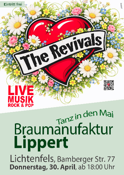 Plakat 'The Revivals' live Samstag, 30. April 2026, Braumanufaktur Lippert, Lichtenfels, ab 18:00 Uhr