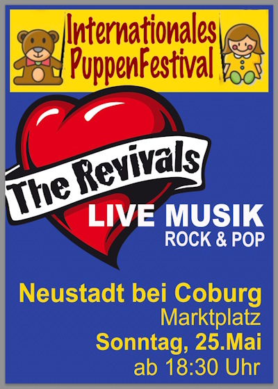 Plakat 'The Revivals' live Sonntag, 25. Mai 2025, Internationales Puppenfestival, Neustadt bei Coburg, Marktplatz, ab 18:30 Uhr